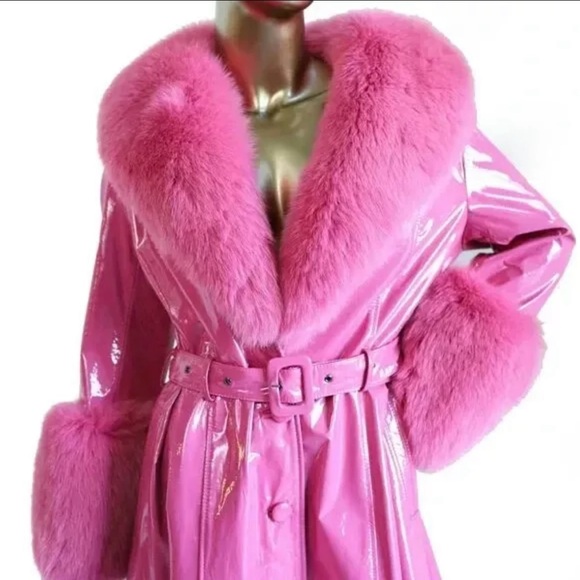 Saks Potts Pink Patent Lamb Leather Coat w/Fox Collar & Cuffs, Size 2/M - Picture 4 of 9